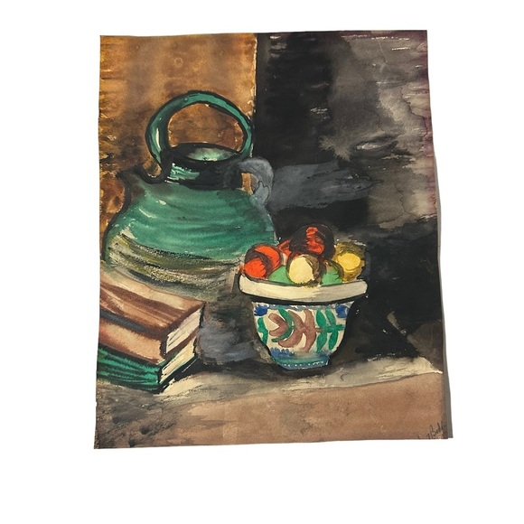 Vtg Signed Boden Water Color on Paper Still Life Books Fruit Vase Jug 11x9.5” EC - Picture 4 of 10